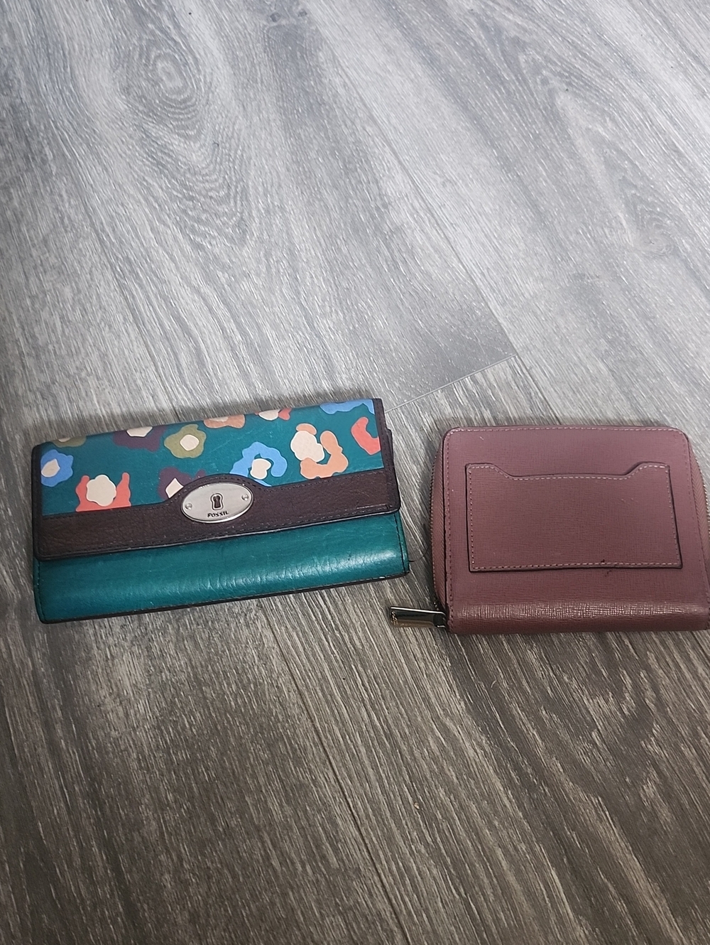 Fossil Teal Floral Leather Wallet with Plum Zip Card Case